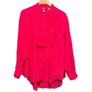 Vintage 100% Silk Hong Kong Made Pink Button Up Long Sleeve‎ Blouse Top Large